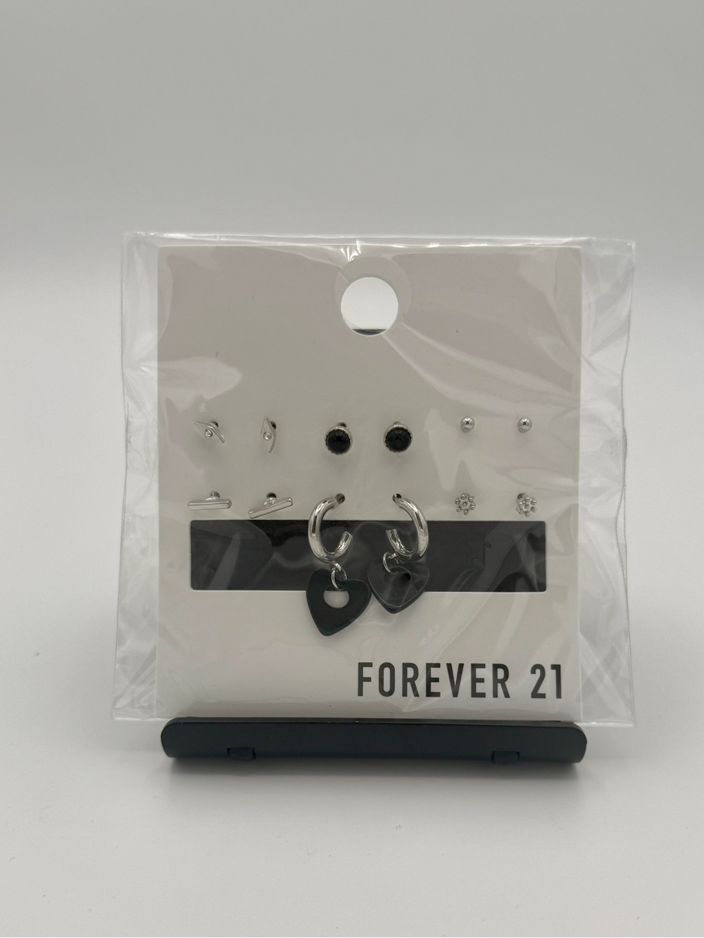 Forever 21 Silver and Black Heart Hoop & Stud Earring Set